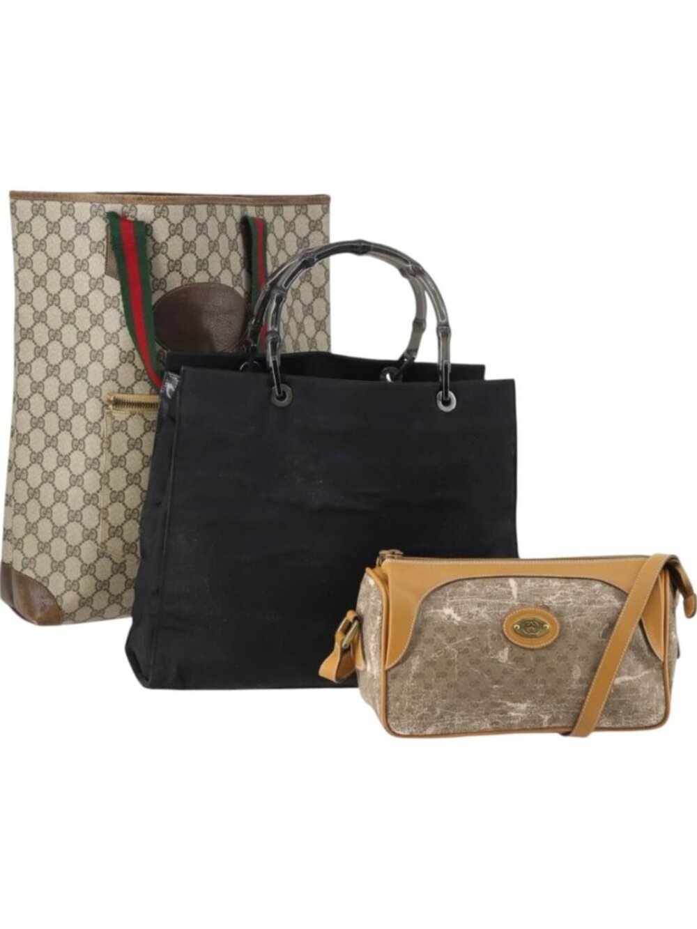 GUCCI GG Supreme Bamboo Shoulder Bag PVC 3 Set Beige Black